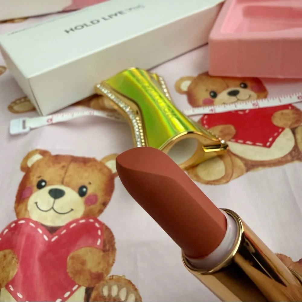 Muted Red Cinnamon Brick Lipstick in Gorgeous Lime Green Yellow & Gold Packaging